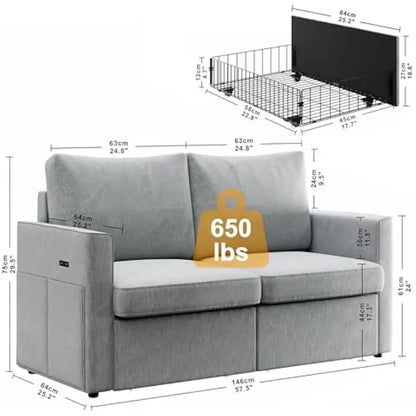 Loveseat Sofa with Drawer & Charging Port,Couches for Living Room with Track Armrest, Double Sofa for Bedroom, Grey