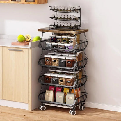 Fruit Basket for Kitchen with Wood Top 5 Tier, Stackable Fruit and Vegetable Storage Cart, Wire Storage Basket with Wheels,