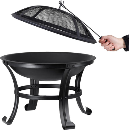 22Inches Fire Pit Outdoor Steel Wood Burning BBQ Grill Firepit Bowl Fireplace with Mesh Screen & Fire Poker, Log Grate