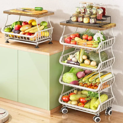 Fruit Basket for Kitchen with Wood Top 5 Tier, Stackable Fruit and Vegetable Storage Cart, Wire Storage Basket with Wheels,