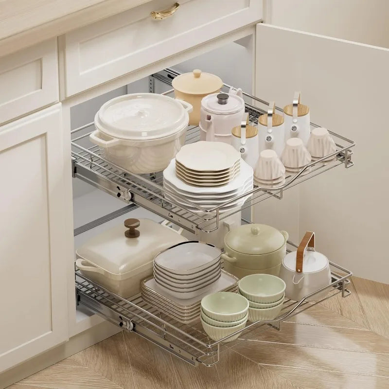 Pull Out Cabinet Organizer, Cabinet Pull Out Shelves, 2 Tier Pull Out Drawers for Kitchen Cabinets,