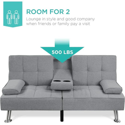 Living Room Sofas, Reclining Sofa Bed for Apartment, Dorm W/Removable Armrests, 2 Cupholders LinenModern Folding FutonSofas