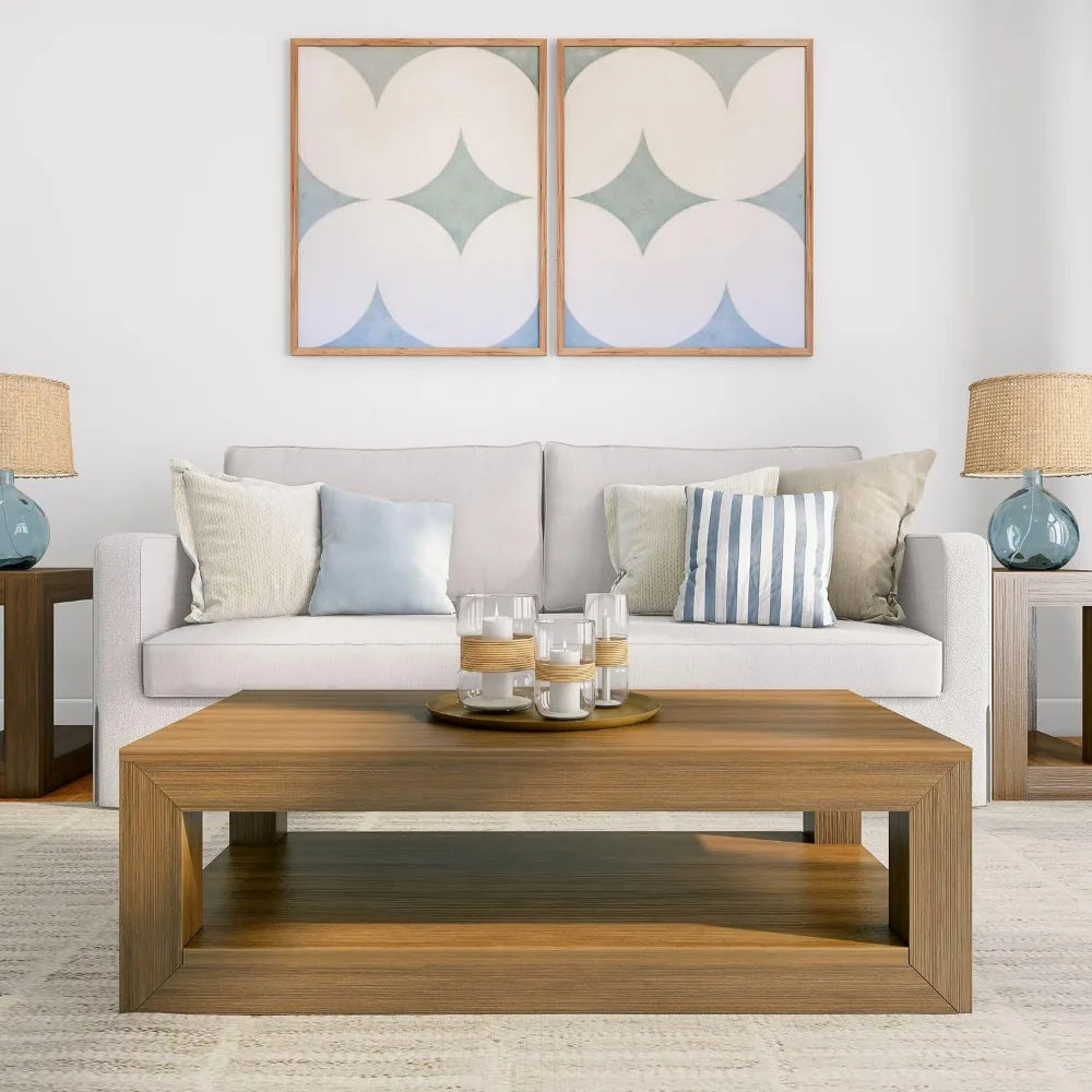 Modern Rectangular Coffee Table with Shelf, Solid Wood, 40 Inch, Cene for Living Room, Pecan Wirebrush