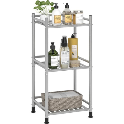 3 Tier Bathroom Storage Open Shelf Unit, Free-Standing Metal Corner Rack Shelving for Kitchen, Living Room, Hallway (Bright Gray