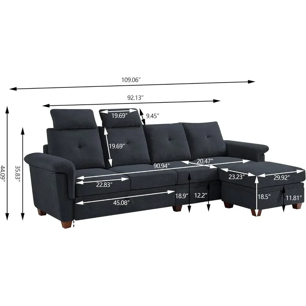Convertible Sectional Sofa with Storage, 4 Seat L Shaped Couch with Chaise and Cup Holder Fabric Sofas Couches for Living Room