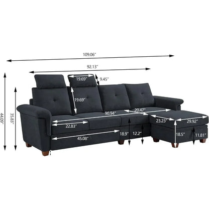 Convertible Sectional Sofa with Storage, 4 Seat L Shaped Couch with Chaise and Cup Holder Fabric Sofas Couches for Living Room