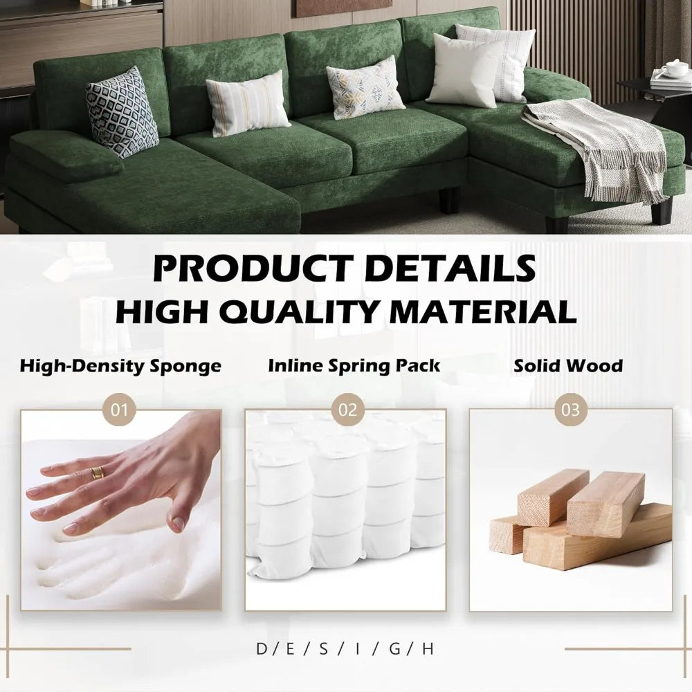 Sofa Convertible Sectional with Soft Cotton Chenille Fabric for Living Room,Oversized Seats Comfortable Backrest,Green Couch