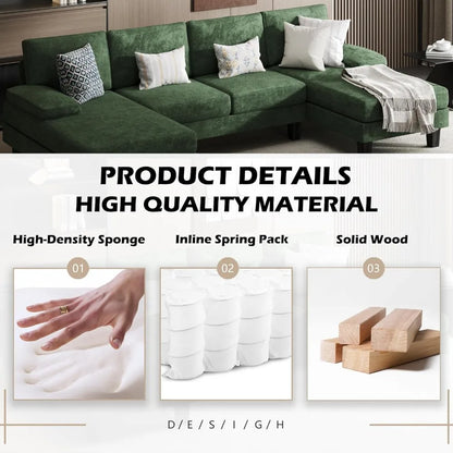 Sofa Convertible Sectional with Soft Cotton Chenille Fabric for Living Room,Oversized Seats Comfortable Backrest,Green Couch