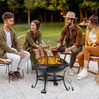 22Inches Fire Pit Outdoor Steel Wood Burning BBQ Grill Firepit Bowl Fireplace with Mesh Screen & Fire Poker, Log Grate