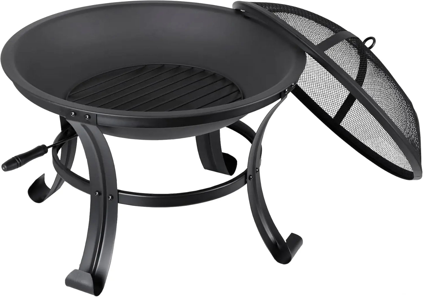 22Inches Fire Pit Outdoor Steel Wood Burning BBQ Grill Firepit Bowl Fireplace with Mesh Screen & Fire Poker, Log Grate