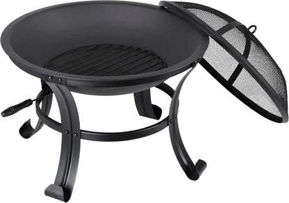 22Inches Fire Pit Outdoor Steel Wood Burning BBQ Grill Firepit Bowl Fireplace with Mesh Screen & Fire Poker, Log Grate