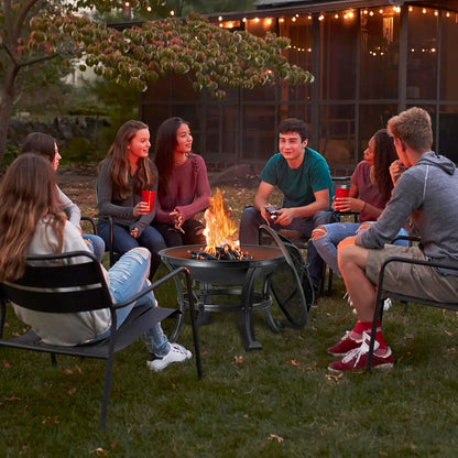 22Inches Fire Pit Outdoor Steel Wood Burning BBQ Grill Firepit Bowl Fireplace with Mesh Screen & Fire Poker, Log Grate