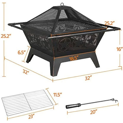 XMSJ Fire Pit，Outside Outdoor Fireplace Large Square Wood Burning Fire Pit Heavy Duty for Patio BBQ Camping Bonfire，32in Fire Pi