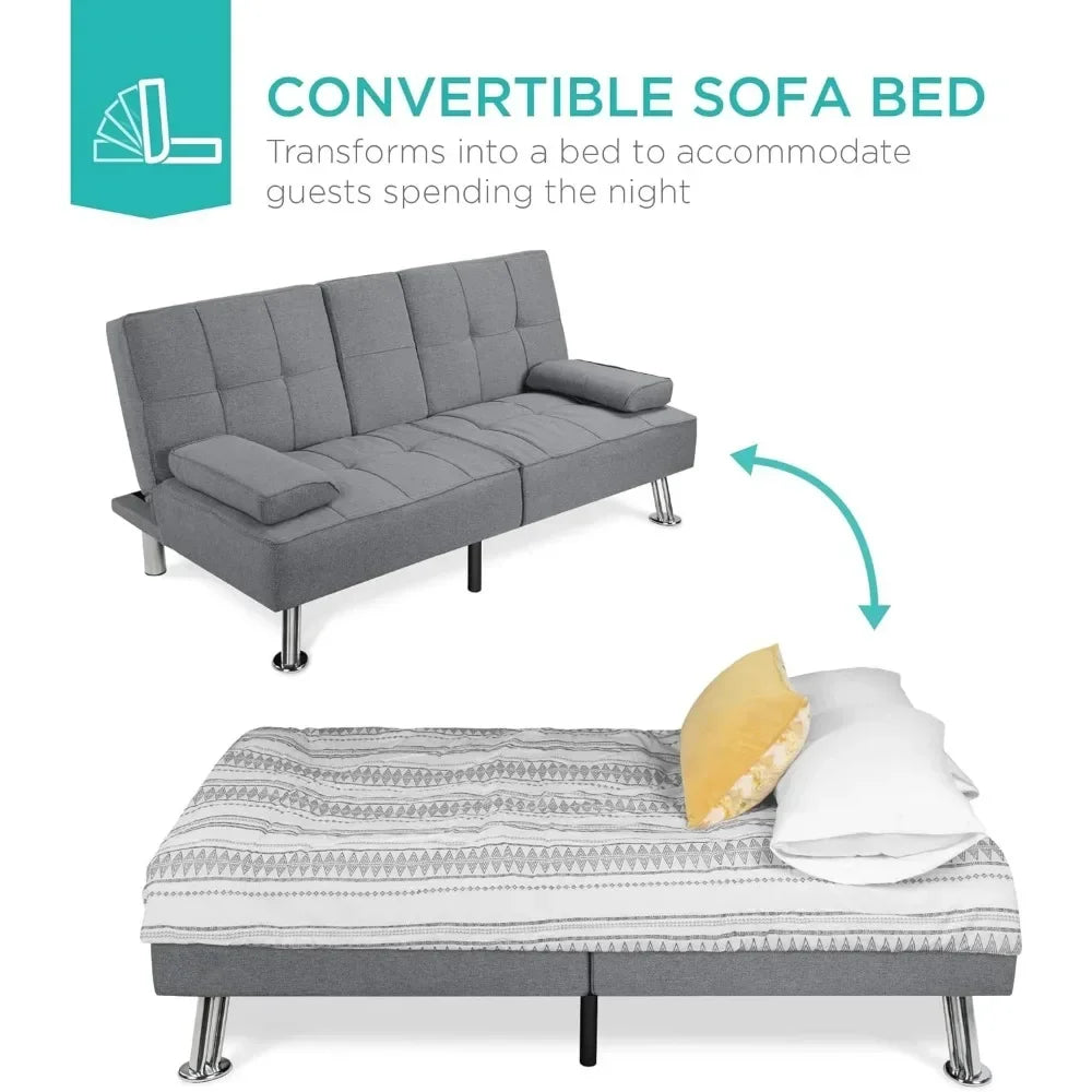 Living Room Sofas, Reclining Sofa Bed for Apartment, Dorm W/Removable Armrests, 2 Cupholders LinenModern Folding FutonSofas