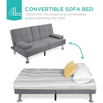 Living Room Sofas, Reclining Sofa Bed for Apartment, Dorm W/Removable Armrests, 2 Cupholders LinenModern Folding FutonSofas