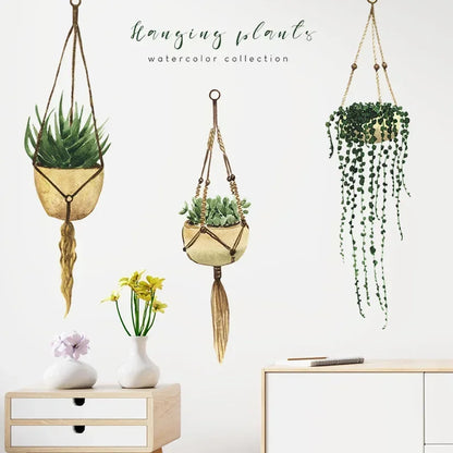 Three Hanging Plants Wall Basket Potted Tropical Succulent Plants Living Room Bedroom Wall Kitchen Decor Decals Home Decoration