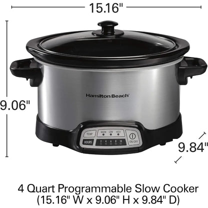 Programmable Slow Cooker with Flexible Easy Programming, 5 Cooking Times, Dishwasher-Safe Crock, Lid, 4 Quart, Silver