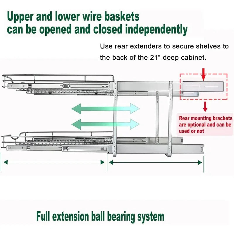 Pull Out Cabinet Organizer, Cabinet Pull Out Shelves, 2 Tier Pull Out Drawers for Kitchen Cabinets,