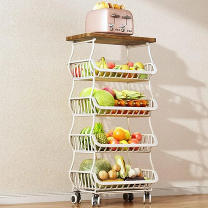 Fruit Basket for Kitchen with Wood Top 5 Tier, Stackable Fruit and Vegetable Storage Cart, Wire Storage Basket with Wheels,