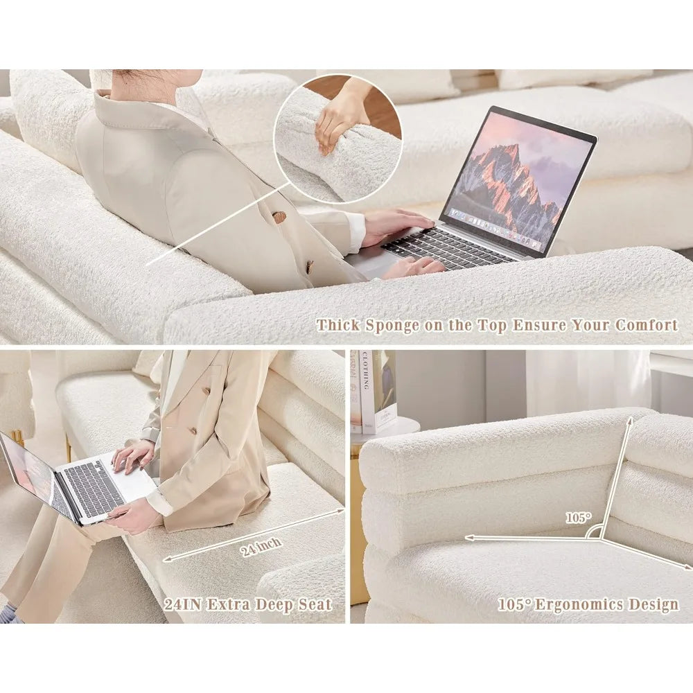 85 Inch Sofa, Oversized Sofa, 3 Seats Comfy Couch for Living Room, Deep Seat Sofa with Sturdy Wood Frame, Bouclé Couch, White