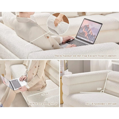 85 Inch Sofa, Oversized Sofa, 3 Seats Comfy Couch for Living Room, Deep Seat Sofa with Sturdy Wood Frame, Bouclé Couch, White