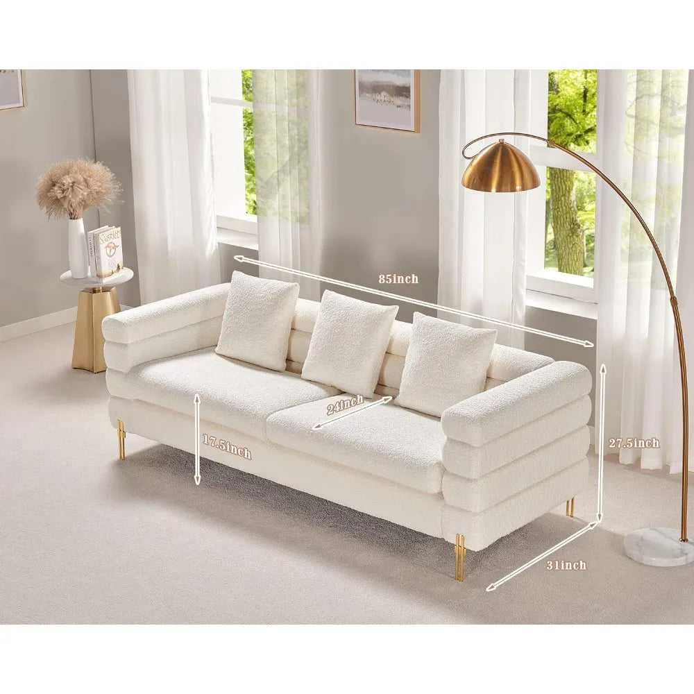 85 Inch Sofa, Oversized Sofa, 3 Seats Comfy Couch for Living Room, Deep Seat Sofa with Sturdy Wood Frame, Bouclé Couch, White