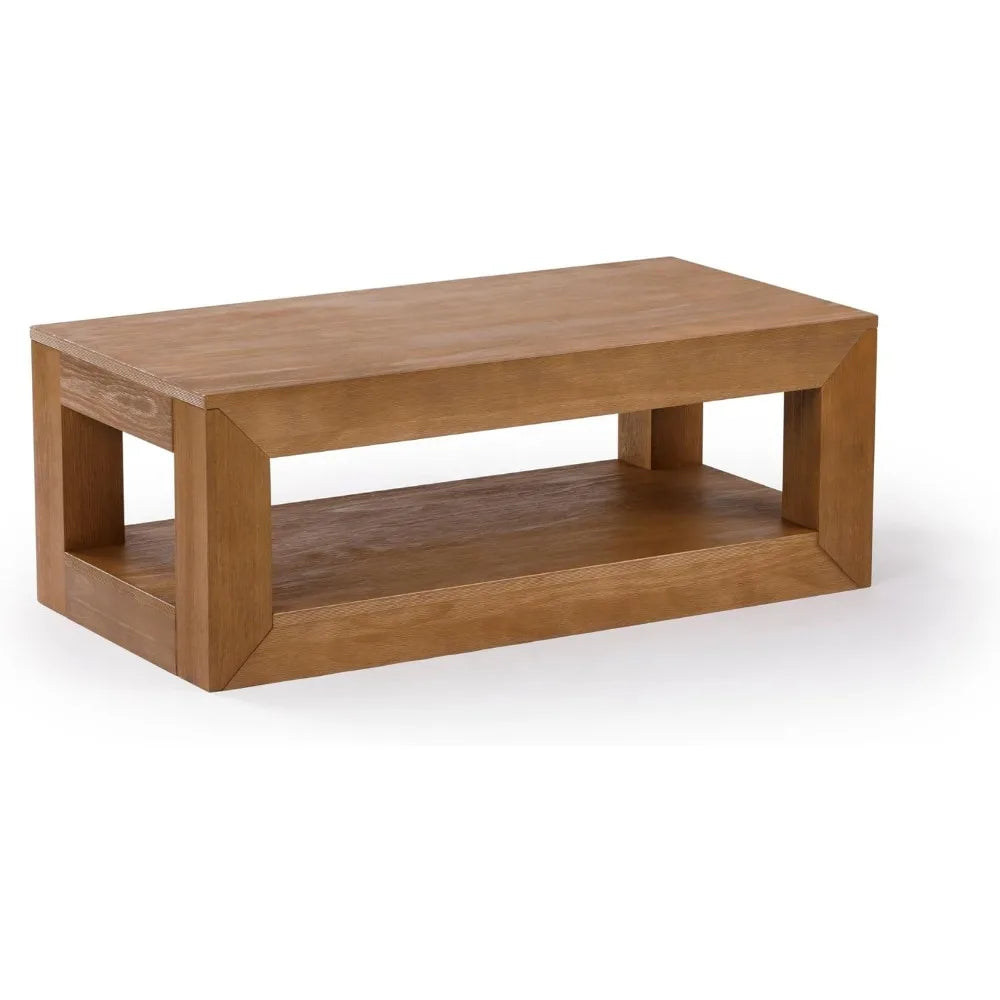 Modern Rectangular Coffee Table with Shelf, Solid Wood, 40 Inch, Cene for Living Room, Pecan Wirebrush