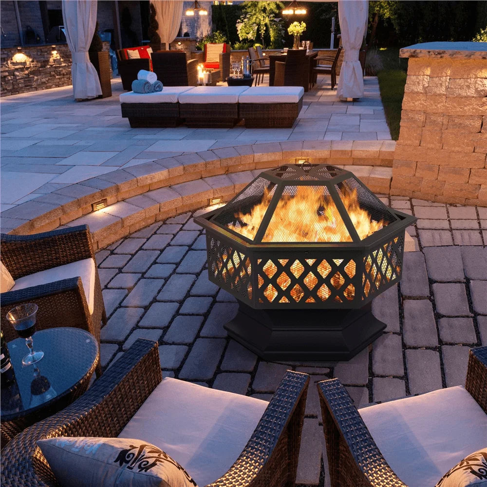 Easyfashion Heavy Duty Metal Fire Pit Hexagon Stove with Poker for Outdoor, Black