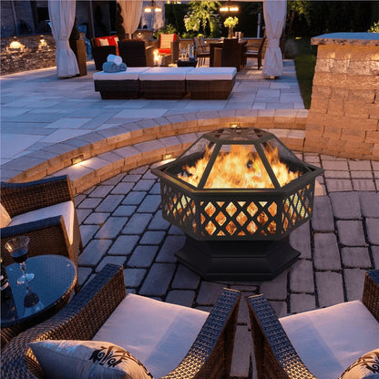Easyfashion Heavy Duty Metal Fire Pit Hexagon Stove with Poker for Outdoor, Black