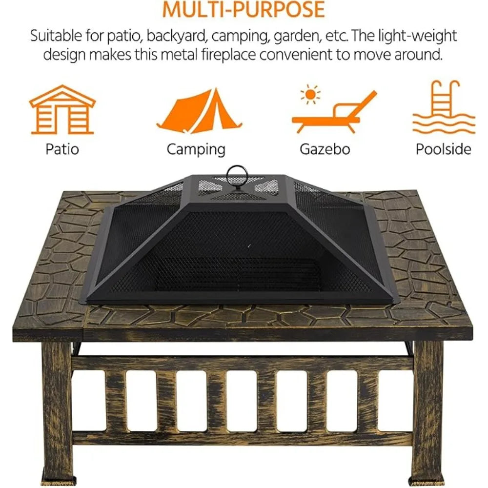 Fire Pits for Outside Outdoor Fire Pits for Bonfire Patio BBQ Camping Bronze Fireplace with Spark Screen,Fire Pits