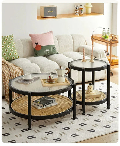 Solid Wood Rattan Woven Coffee Table Living Room Sofa Side Table Japanese Round Glass Table Mobile Storage Ddesk Home Furniture