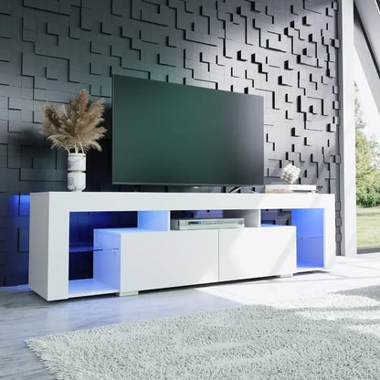 LED TV Stand, Modern Entertainment Center with Open Shelves, with 2 Bedroom Storage Drawers, Wooden TV Cabinet