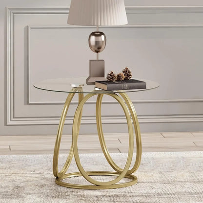 Gold End Table for Living Room, Modern Glass Side Table with Metal Frames for Home&Office, Glass Eedroom, Gold Finish, 1 PC