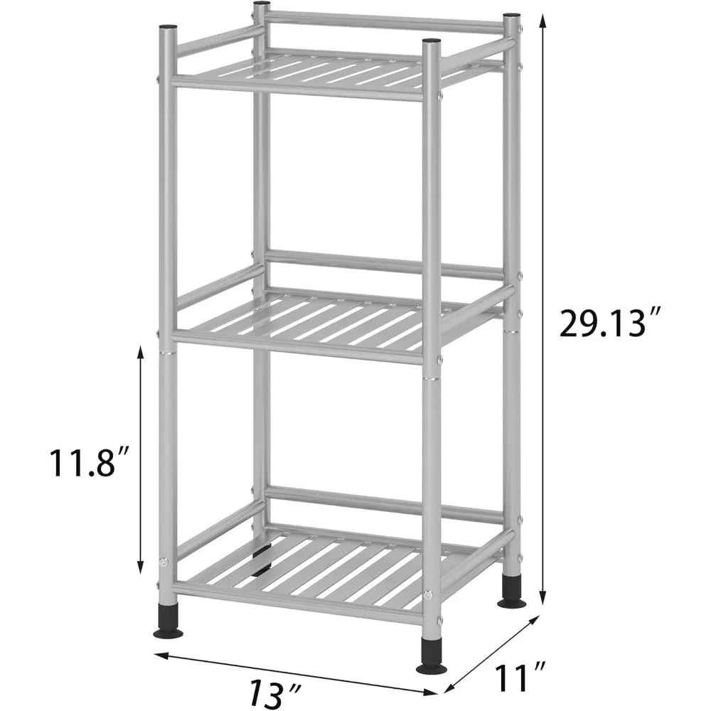 3 Tier Bathroom Storage Open Shelf Unit, Free-Standing Metal Corner Rack Shelving for Kitchen, Living Room, Hallway (Bright Gray