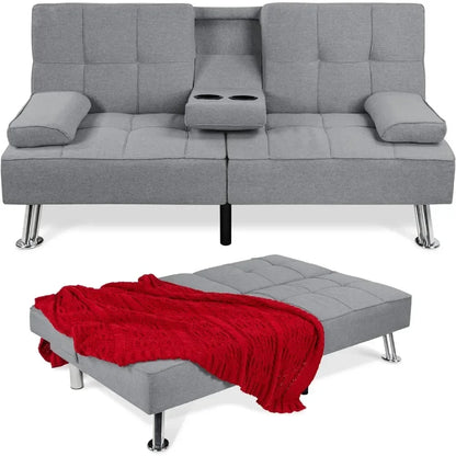 Living Room Sofas, Reclining Sofa Bed for Apartment, Dorm W/Removable Armrests, 2 Cupholders LinenModern Folding FutonSofas