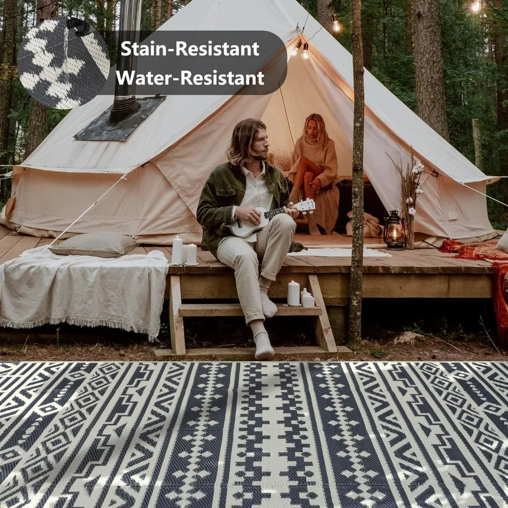Waterproof Mat Outdoor Rugs, 9'x12' for Patios Clearance Carpet Camping, Large Rugs Geometric Boho