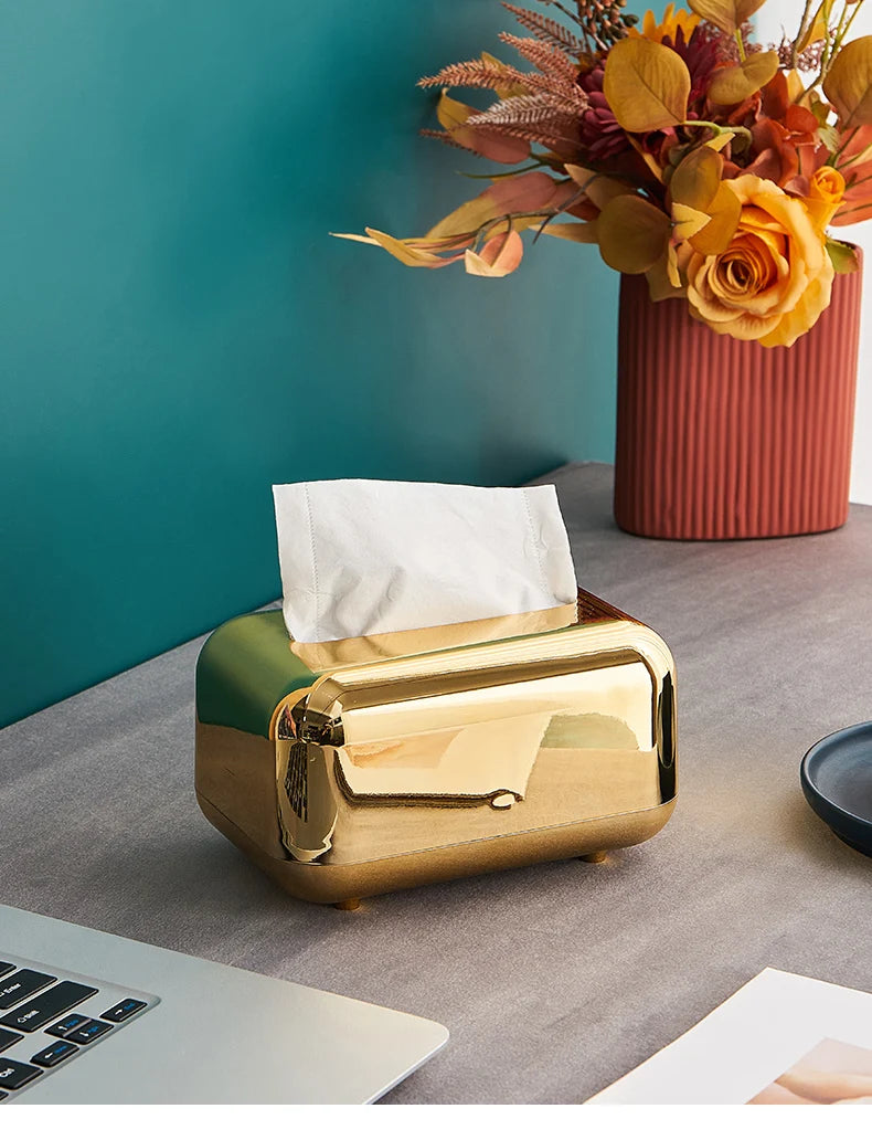 Light Luxury Golden Tissue Box Wipe Case Boxed Tissue Office and Home Storage Box Living Room Desktop Decoration Tissue Box Gift