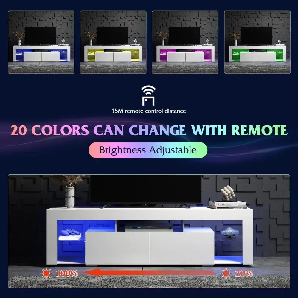 LED TV Stand, Modern Entertainment Center with Open Shelves, with 2 Bedroom Storage Drawers, Wooden TV Cabinet