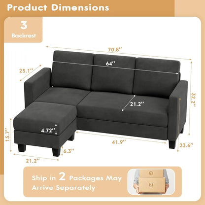 Living Room Sofa,Convertible Sectional , Movable Ottoman Small Couch, for Living Room ,3 Seat L-Shaped Sofa with Linen Fabric