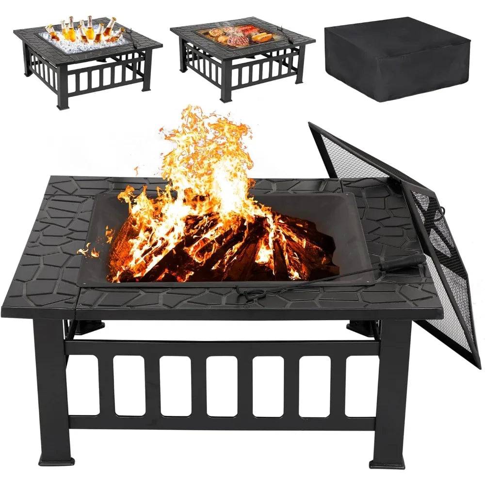 Fire Pits, 32 Inch Outdoor Fire Pit Table, Wood Burning Firepit Stove with Lid for Camping&BBQ, Garden, Backyard, Fire Pits