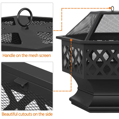 Easyfashion Heavy Duty Metal Fire Pit Hexagon Stove with Poker for Outdoor, Black