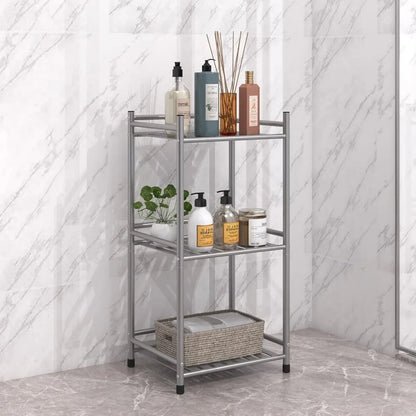 3 Tier Bathroom Storage Open Shelf Unit, Free-Standing Metal Corner Rack Shelving for Kitchen, Living Room, Hallway (Bright Gray