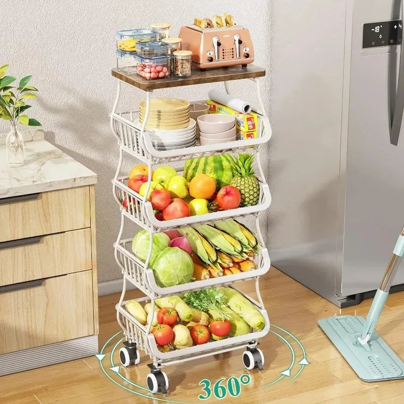 Fruit Basket for Kitchen with Wood Top 5 Tier, Stackable Fruit and Vegetable Storage Cart, Wire Storage Basket with Wheels,