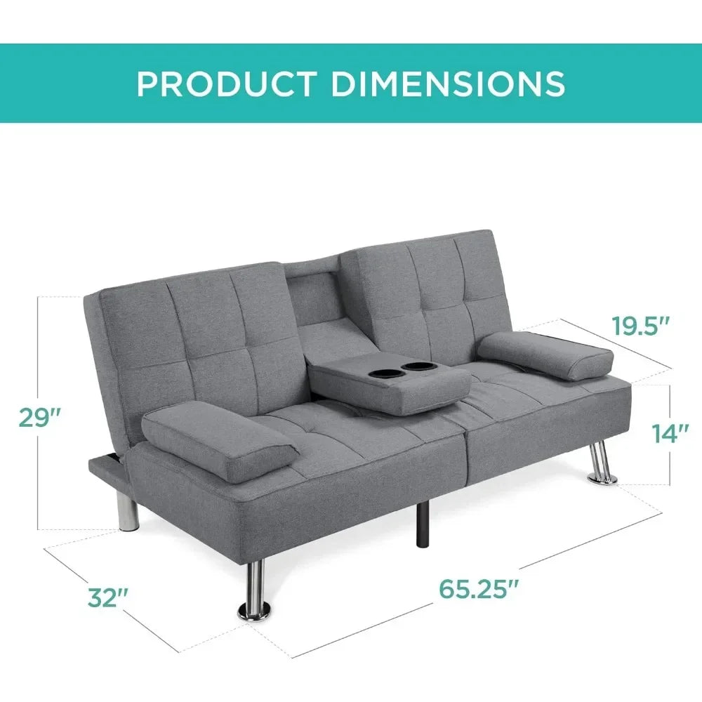 Living Room Sofas, Reclining Sofa Bed for Apartment, Dorm W/Removable Armrests, 2 Cupholders LinenModern Folding FutonSofas