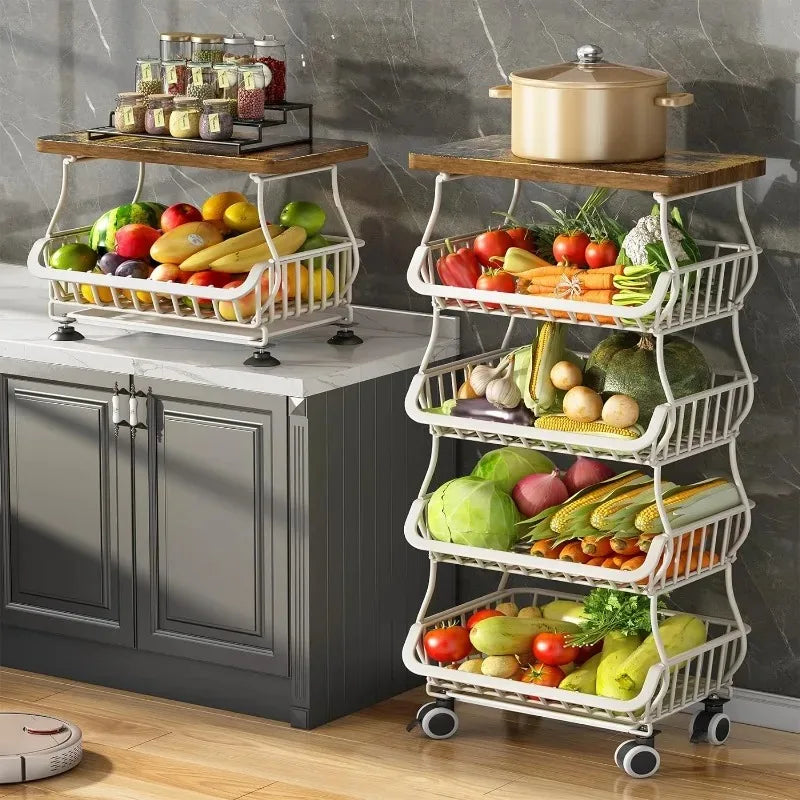 Fruit Basket for Kitchen with Wood Top 5 Tier, Stackable Fruit and Vegetable Storage Cart, Wire Storage Basket with Wheels,