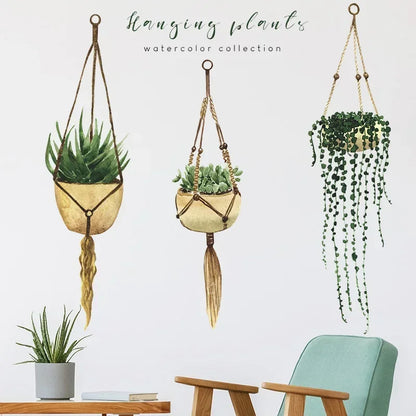 Three Hanging Plants Wall Basket Potted Tropical Succulent Plants Living Room Bedroom Wall Kitchen Decor Decals Home Decoration