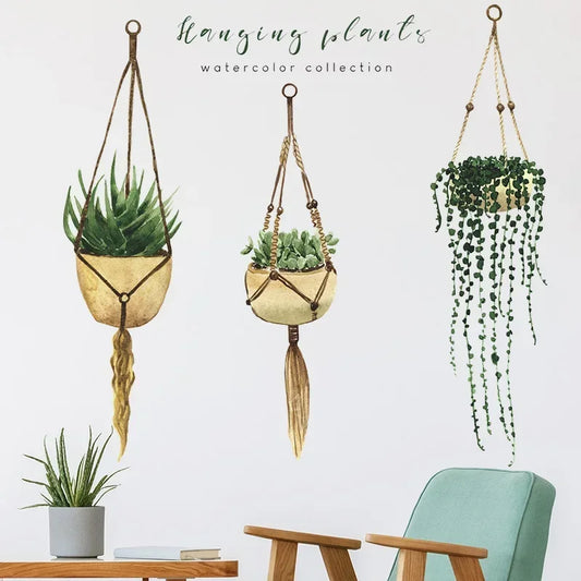 Three Hanging Plants Wall Basket Potted Tropical Succulent Plants Living Room Bedroom Wall Kitchen Decor Decals Home Decoration