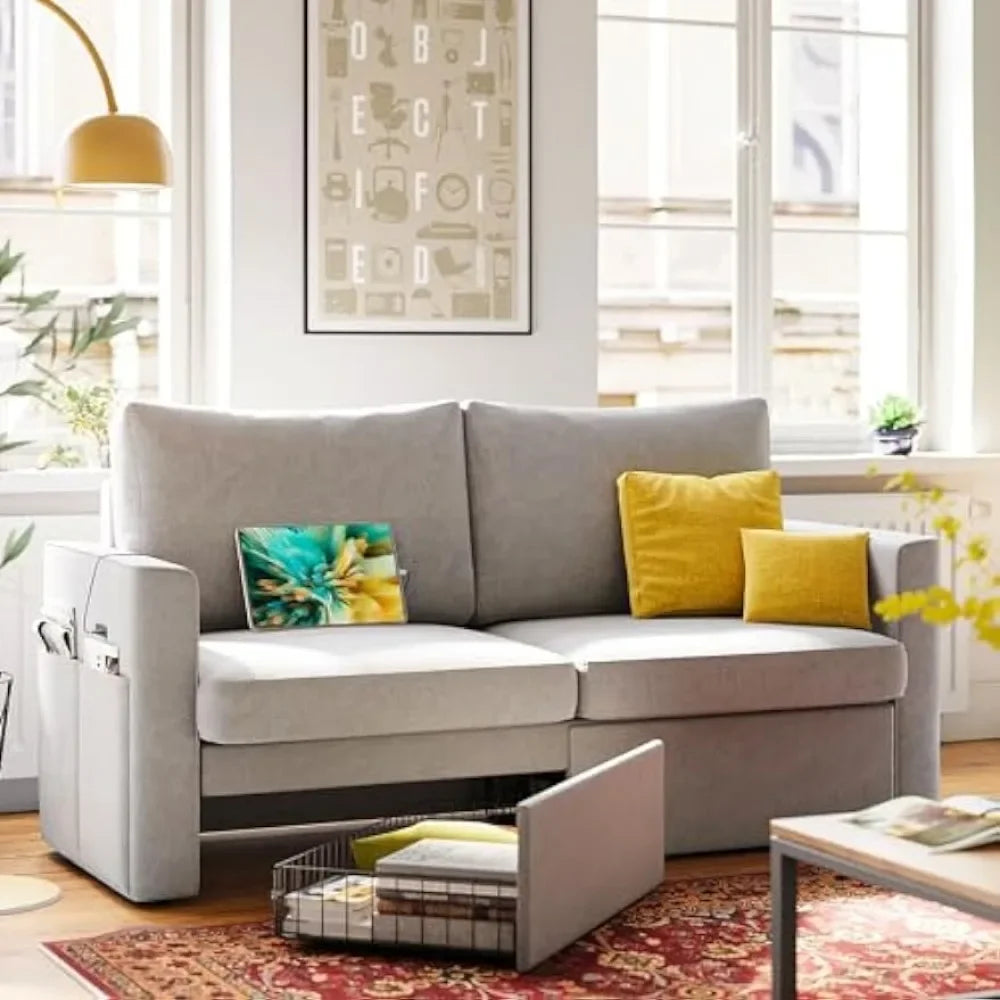 Loveseat Sofa with Drawer & Charging Port,Couches for Living Room with Track Armrest, Double Sofa for Bedroom, Grey