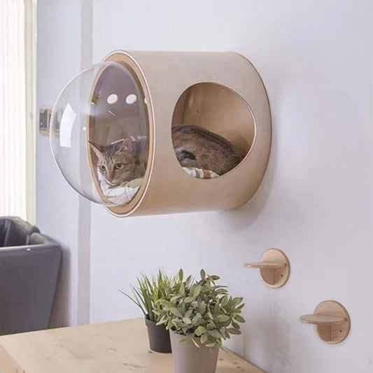 Wooden Spaceship Gamma Pet Bed for Cat & Dog Window Perch Cat Tree Made of Wood Wall Mounted Cat Bed Indoor DIY Mansion