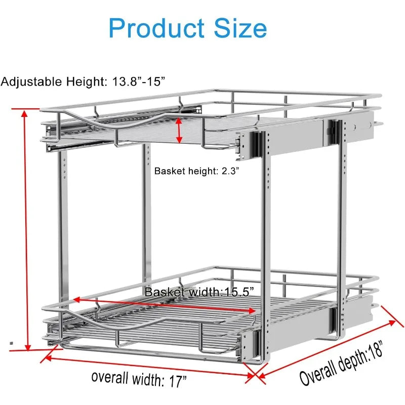 Pull Out Cabinet Organizer, Cabinet Pull Out Shelves, 2 Tier Pull Out Drawers for Kitchen Cabinets,